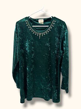Bentley Top Womens L Crushed Velvet Embellished Jewel Neck Long Sleeve Green